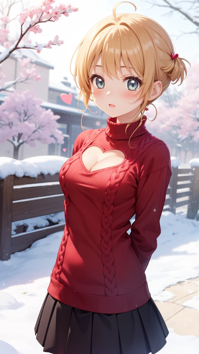 masterpiece, best quality, highres, 1girl, detailed face, blush, anime CG style, (medium breasts), (18 year old girl:1.3), (aged up), good lighting, perfect body, sakura kinomoto, glossy lips, snow, (knit sweater dress), pleated microskirt, heart cutout, cleavage cutout, clothing cutout, arms behind back