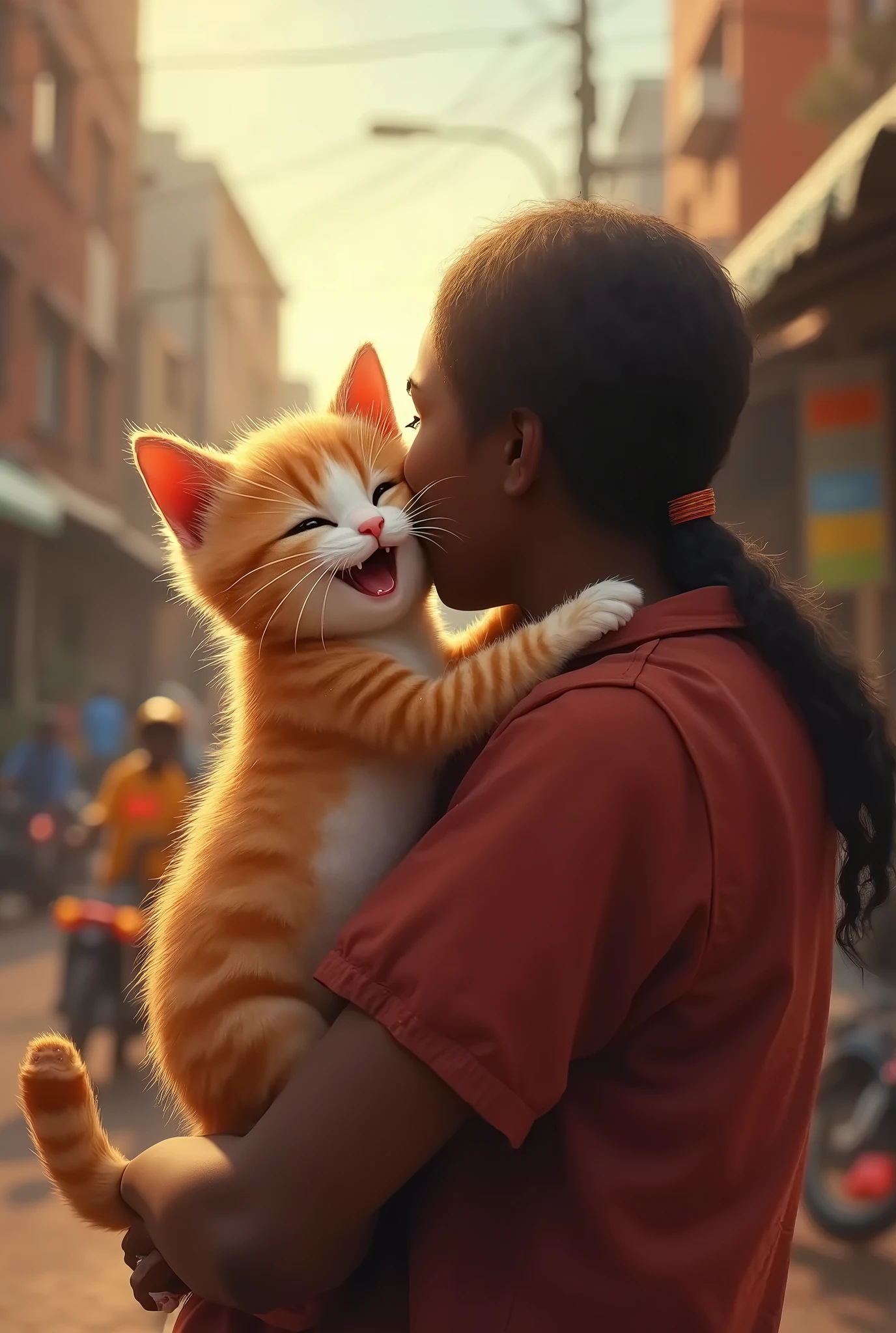 (masterpiece, high quality,  Kampala, Golden Ratio, 8k),  cute cat cuddling and hugging,  happy to be hugged by the owner , My throat is purring 