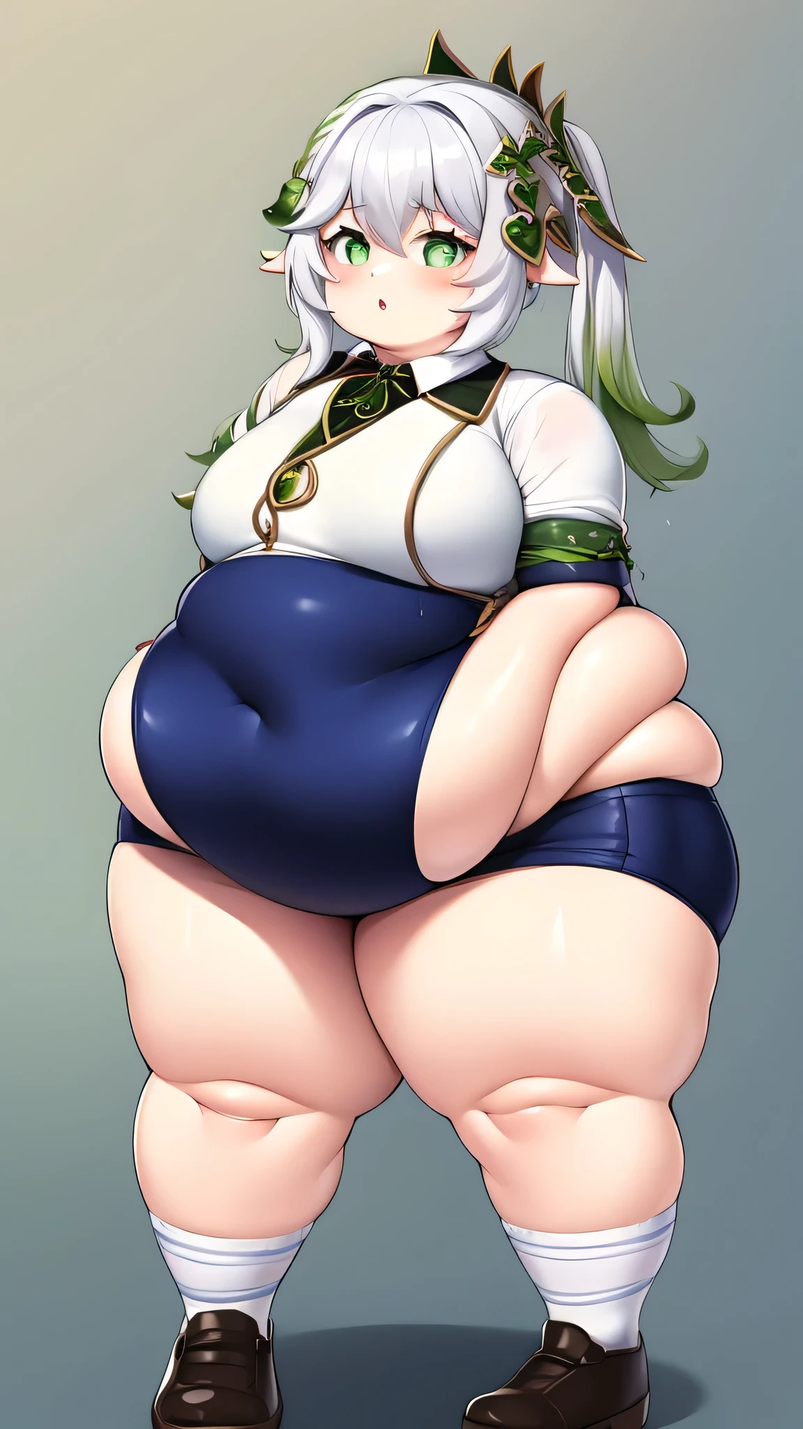 Anime li,  fat lo、Detailed face、amount、amount、Braided Pigtails、Long Hair、Sharp eyes、Thick lips、Very fat、Chubby、obesity、obesity body、Cheek、Thick neck、small Breasts、Saggy breasts、Thick upper arms、Thick arms、thick fingers、Fat belly、Flabby belly、Flabby belly fat、Thick legs、big ass、scholl uuniform、Full body tighs, morbidly obese, green eyes, sweating, obese ass, more obesity, belly down, fat rolls, short estature, pervert face, pigout, oink, uniforme de escuela, falda escolar, medias negras, zapatos, chaqueta escolar, full uniform, 