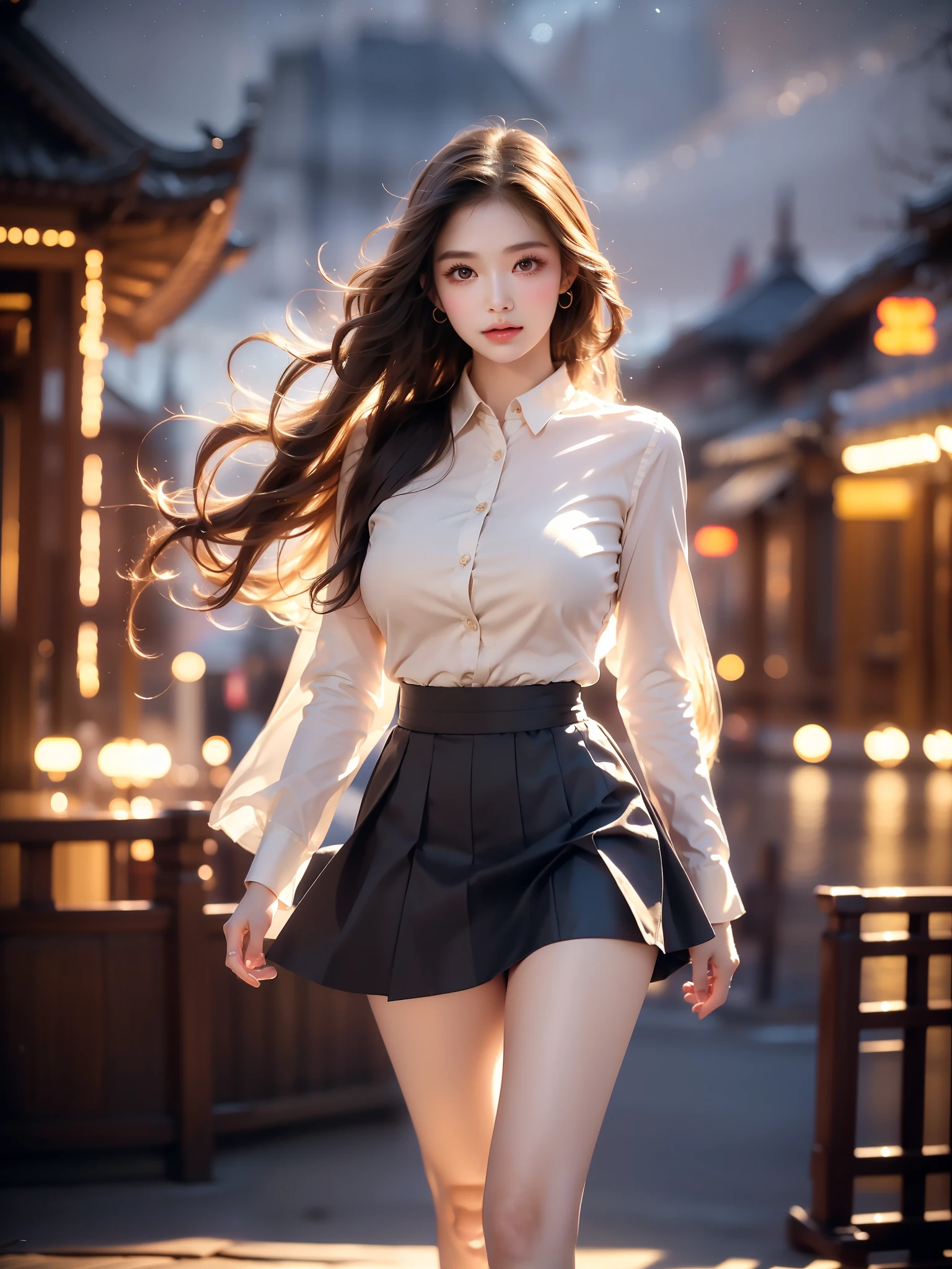 shirt
skirt
ribbon ,((full body)), (Asian beauty: 1.3), girl, solo, ((very short hemline)), (Big eyes cute girl), (toned body: 1.2), (naturally large breasts: 1.1), (visible cleavage: 0.8), (smooth flawless skin: 1.2), (perfect anatomical proportions: 1.3), (anatomically correct legs: 1.3), (elegantly long legs: 1.3), 1.1) (a playful girl, one hand running through her long hair, the other lifting her skirt slightly), (detailed features: 1.2), (big bright eyes: 1.1), (long eyelashes: 1.1), charming smile, gentle and confident expression, Head slightly tilted, long flowing hair, (night scene: 1.1), (starry sky: 1.0), (space background: 0.9), (professional soft light: 1.2), (warm tone: 1.1), (Masterpiece: 1.4), (Super Detail: 1.3), (Sharp focus: 1.2), (Realistic: 1.2), (Hi-Fi: 1.1)