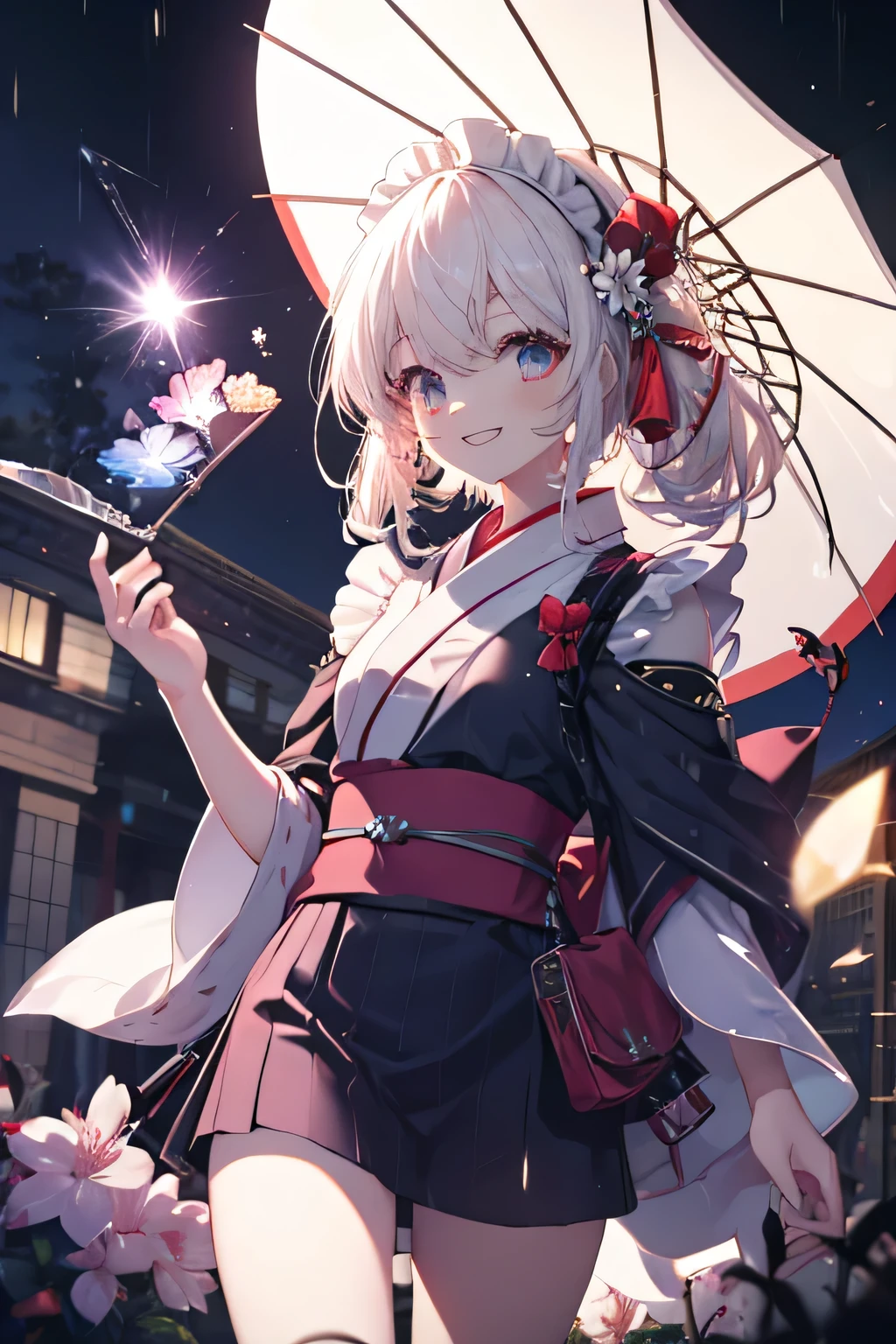 Maid with headpiece girl smiling(Showing the teeth), Yukata, dentro de un MMORPG, Ready to fight ,  unknown background(MMORPG), complete anatomy, umbrella, 3D,  ornament of an accessory shaped like a flower on the head, aura, graphic effects, first person, derision
