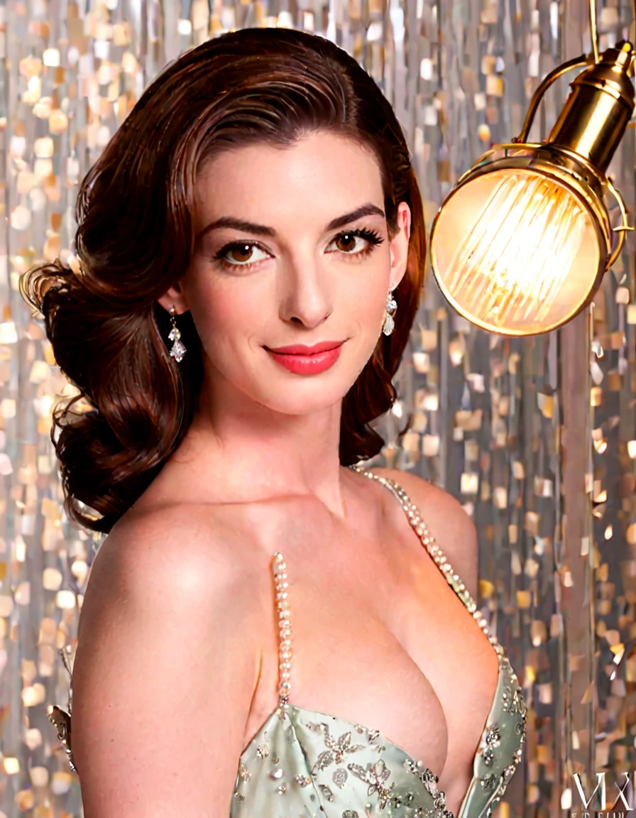  create a portrait of Anne Hathaway that exudes timeless elegance and vintage appeal. Soft, Attractive lighting. Highlight her appearance with a sophisticated touch ,  probably inspired by the Golden Age of Hollywood .  Super Real Photos,  bright color, 16k