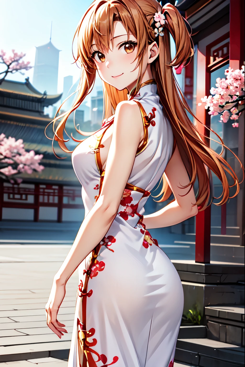  Best Quality,   Kampala  , one girl playing pranks、Alone、smile、(    anime illustration style :1.2 ), Asuna.Yuki, charming orange eyes 、Beautiful long hair、 Attractive appearance 、cherry blossoms、stage、 charming eyes 、stroll、( china dress:1.５)、One side up、 high definition face、 Full Photo、 highly detailed CG 、 (Perfect hands、 perfect anatomy)、 (Lower Body Shot), Focus on the thighs, (Shot from below 1.3), (View from behind 1.3)、(Realistic, Genuine, Genuine的、Realistic),  Best Quality、   cowboy shot