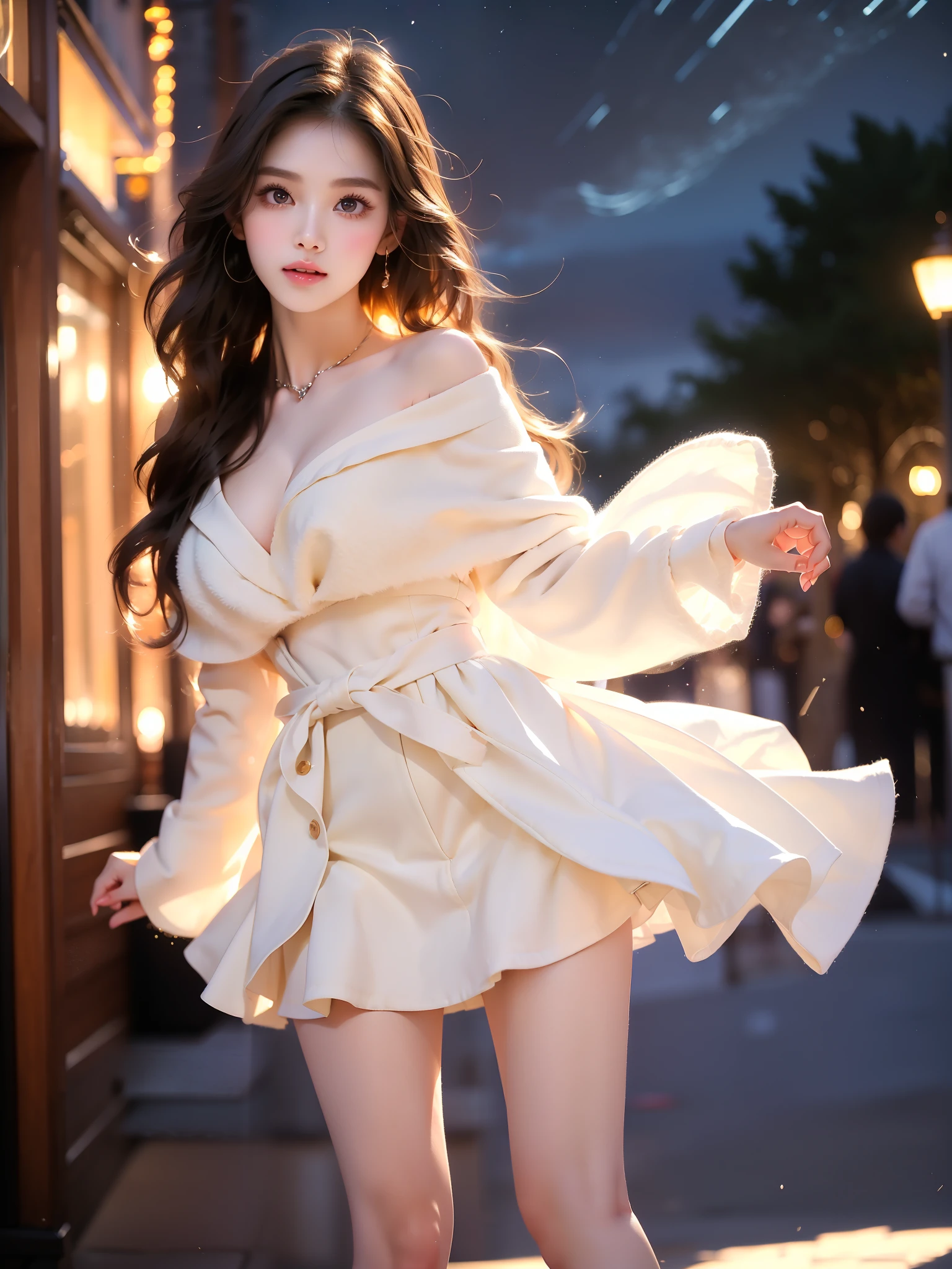 cpct
capelet coat ,((full body)), (Asian beauty: 1.3), girl, solo, ((very short hemline)), (Big eyes cute girl), (toned body: 1.2), (naturally large breasts: 1.1), (visible cleavage: 0.8), (smooth flawless skin: 1.2), (perfect anatomical proportions: 1.3), (anatomically correct legs: 1.3), (elegantly long legs: 1.3), 1.1) (a playful girl, one hand running through her long hair, the other lifting her skirt slightly), (detailed features: 1.2), (big bright eyes: 1.1), (long eyelashes: 1.1), charming smile, gentle and confident expression, Head slightly tilted, long flowing hair, (night scene: 1.1), (starry sky: 1.0), (space background: 0.9), (professional soft light: 1.2), (warm tone: 1.1), (Masterpiece: 1.4), (Super Detail: 1.3), (Sharp focus: 1.2), (Realistic: 1.2), (Hi-Fi: 1.1)