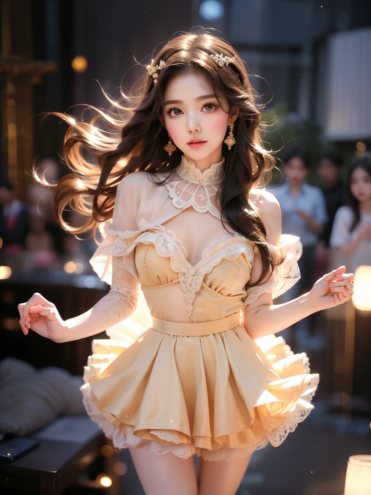 frlacape
frill capelet
lace capelet ,((full body)), (Asian beauty: 1.3), girl, solo, ((very short hemline)), (Big eyes cute girl), (toned body: 1.2), (naturally large breasts: 1.1), (visible cleavage: 0.8), (smooth flawless skin: 1.2), (perfect anatomical proportions: 1.3), (anatomically correct legs: 1.3), (elegantly long legs: 1.3), 1.1) (a playful girl, one hand running through her long hair, the other lifting her skirt slightly), (detailed features: 1.2), (big bright eyes: 1.1), (long eyelashes: 1.1), charming smile, gentle and confident expression, Head slightly tilted, long flowing hair, (night scene: 1.1), (starry sky: 1.0), (space background: 0.9), (professional soft light: 1.2), (warm tone: 1.1), (Masterpiece: 1.4), (Super Detail: 1.3), (Sharp focus: 1.2), (Realistic: 1.2), (Hi-Fi: 1.1)