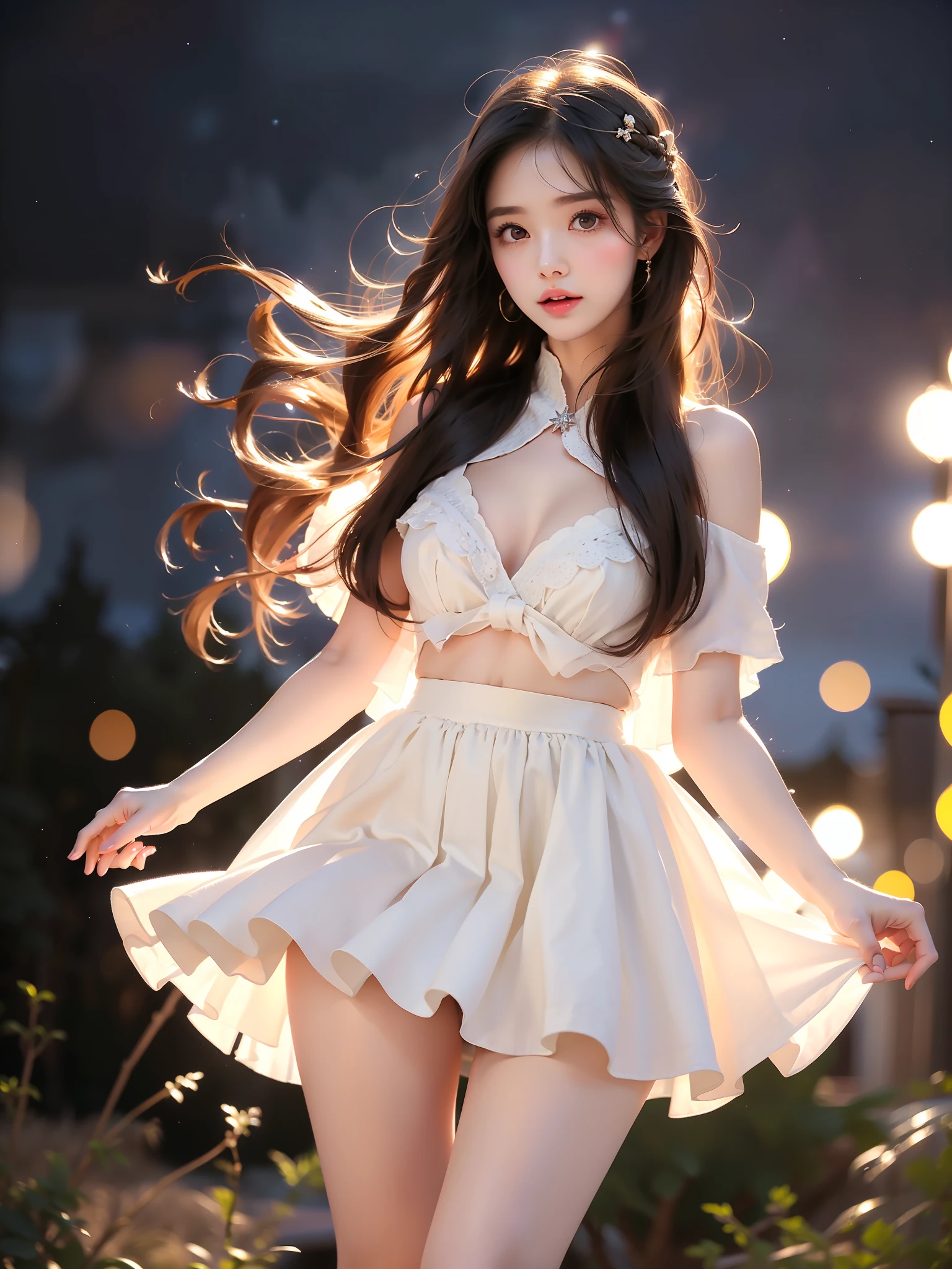 simplecape
capelet ,((full body)), (Asian beauty: 1.3), girl, solo, ((very short hemline)), (Big eyes cute girl), (toned body: 1.2), (naturally large breasts: 1.1), (visible cleavage: 0.8), (smooth flawless skin: 1.2), (perfect anatomical proportions: 1.3), (anatomically correct legs: 1.3), (elegantly long legs: 1.3), 1.1) (a playful girl, one hand running through her long hair, the other lifting her skirt slightly), (detailed features: 1.2), (big bright eyes: 1.1), (long eyelashes: 1.1), charming smile, gentle and confident expression, Head slightly tilted, long flowing hair, (night scene: 1.1), (starry sky: 1.0), (space background: 0.9), (professional soft light: 1.2), (warm tone: 1.1), (Masterpiece: 1.4), (Super Detail: 1.3), (Sharp focus: 1.2), (Realistic: 1.2), (Hi-Fi: 1.1)