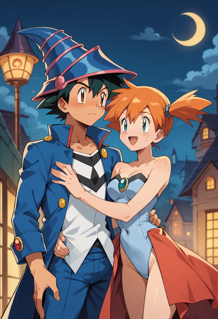 1boy, ash ketchum, black hair, brown eyes, hair between eyes, black magician hat, black magician suit, handsome boy, macho, good looking boy 1girl, misty \(pokemon\), side ponytail, goldeen skirt, strapless white leotard photograph of a 18 years couple, they're showing off their love and affection for each other, celebrating halloween, at night, terroriffic night, they look so happy