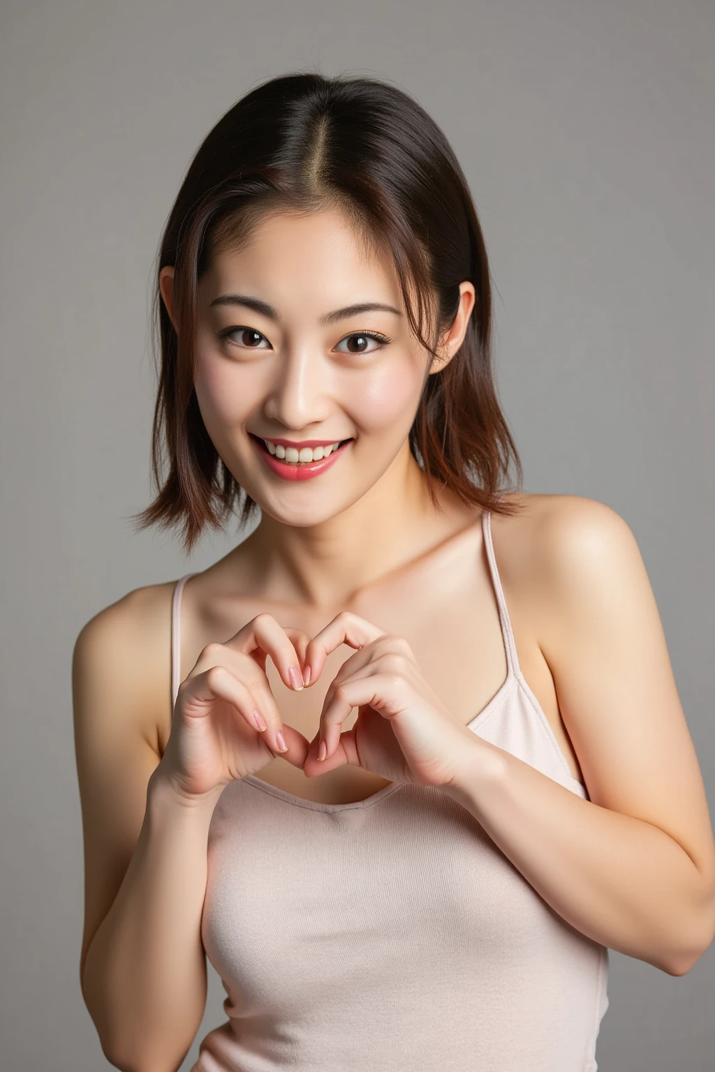 She is in a pose wearing a sexy camisole, making a firm big heart shape with both hands, and holding it in front of her chest, Cute smile up

