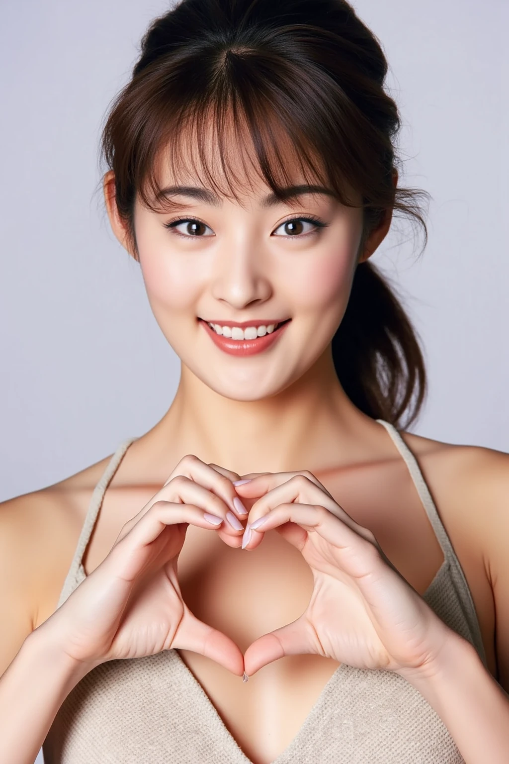 She is in a pose wearing a sexy camisole, making a firm big heart shape with both hands, and holding it in front of her chest, Cute smile up

