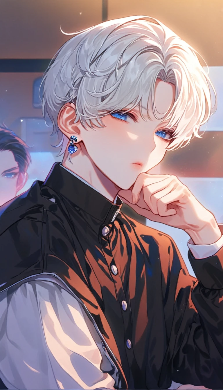 absurdres, highres, ultra detailed, HDR, master piece, best quality, extremely detailed face, delicated features, Jaehwan , White hair, short hair, no fringe, without bangs, handsome hair, cool blue eyes, The World After The Fall, Alone, Sensual, Young face, black Korean School uniform fashion style, cold, Transparent, black, Boyfriend, Pierce, earring, cute boy, Draw a large background, From the side, anime,  KPOP model,  Cafe background, Draw a large background, sitting in the corner of a cafe, 4K, High image quality, Drink coffee