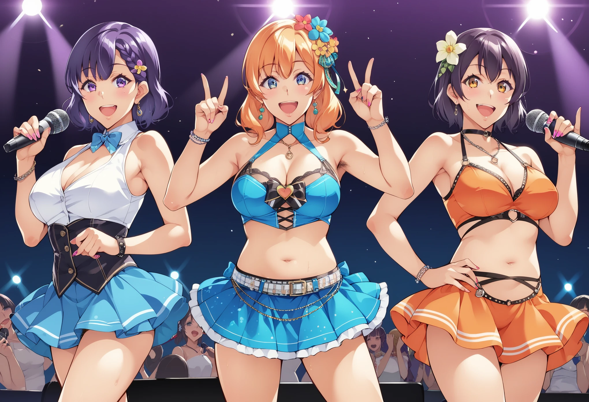 Score_9, score_8_up, score_7_up, score_6_up, source_anime, 3girls, Curve, Curvy body, idol, stage lights, live stage, front light, mini skirt, idol costume, flare skirt, live concert, dancing, multiple girls, group picture, lineup, flower accessories, a fun smile, looking_at_viewer,open mouth, microphone,  standing, pubic hair, excessive pubic hair, cowboy shot