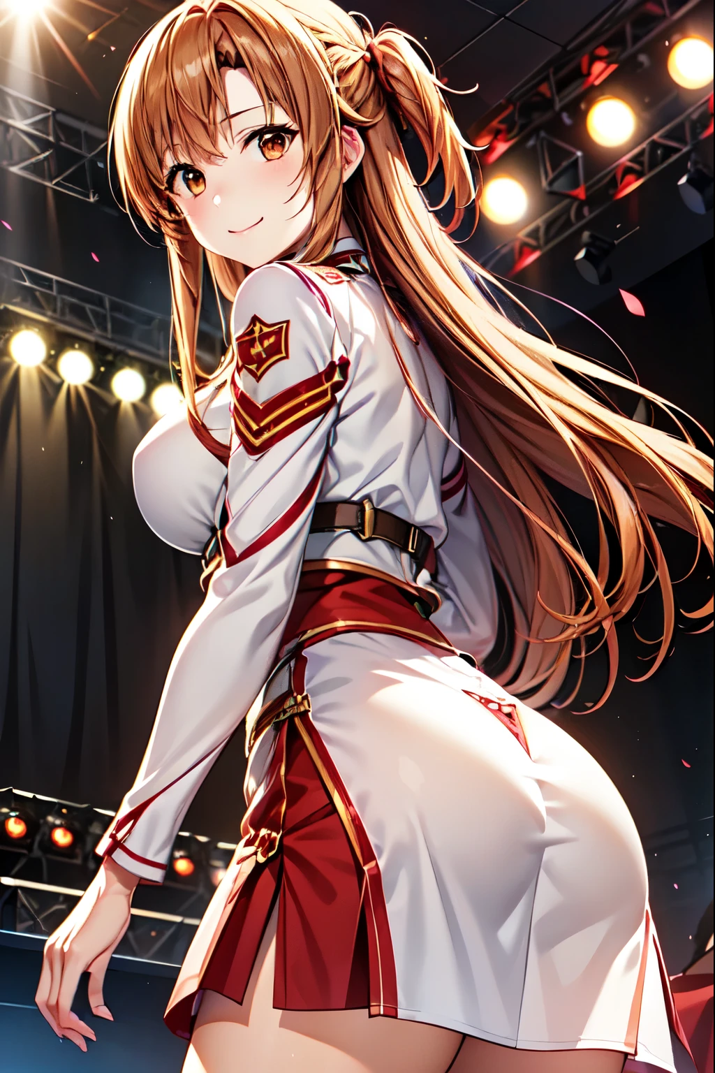  Best Quality,   Kampala  , one girl playing pranks、Alone、smile、indoor、(stage:1.5)、(    anime illustration style :1.2 ), Asuna.Yuki, charming orange eyes 、Beautiful long hair、 Attractive appearance 、 charming eyes 、(Combat Uniform、red and white clothes:1.5)、 long skirt 、One side up、 high definition face、 Full Photo、 highly detailed CG 、 (Perfect hands、 perfect anatomy)、 (Lower Body Shot), Focus on the thighs, (stage下からのショット1.3), (View from behind 1.3)、(Realistic, Genuine, Genuine的、Realistic),  Best Quality、   cowboy shot