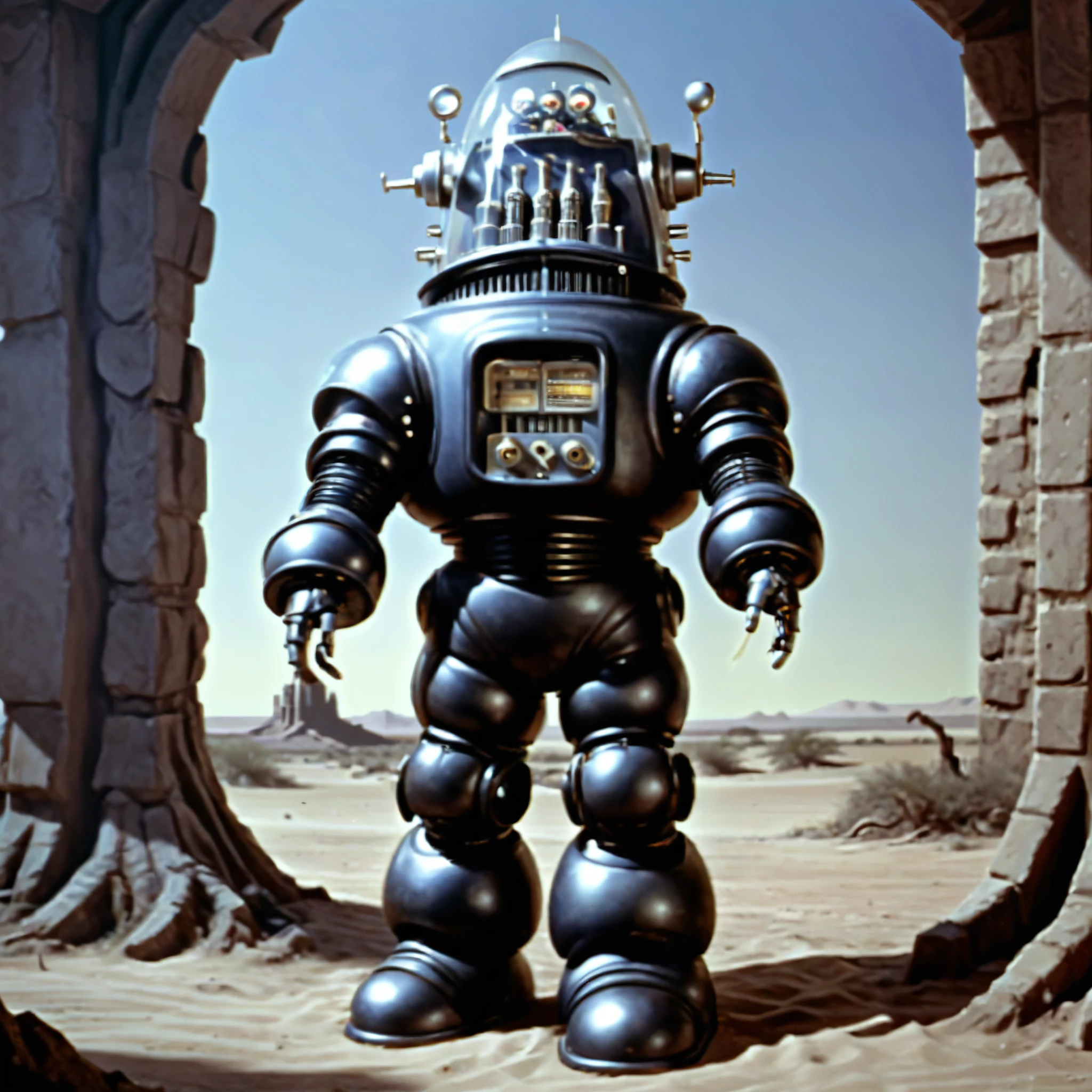 Robbie (The thief)_FP50 , 16k, movie photo, ((cinematic)),  full-body robot standing ,  science fiction , realistic, ( intricate details:1.1),  retro art style , fundo de cidade futurista de  science fiction , helmet, ( extremely detailed :1.3), Forbidden planet ,  metal spheres legs , Robbie (The thief)_FP50 