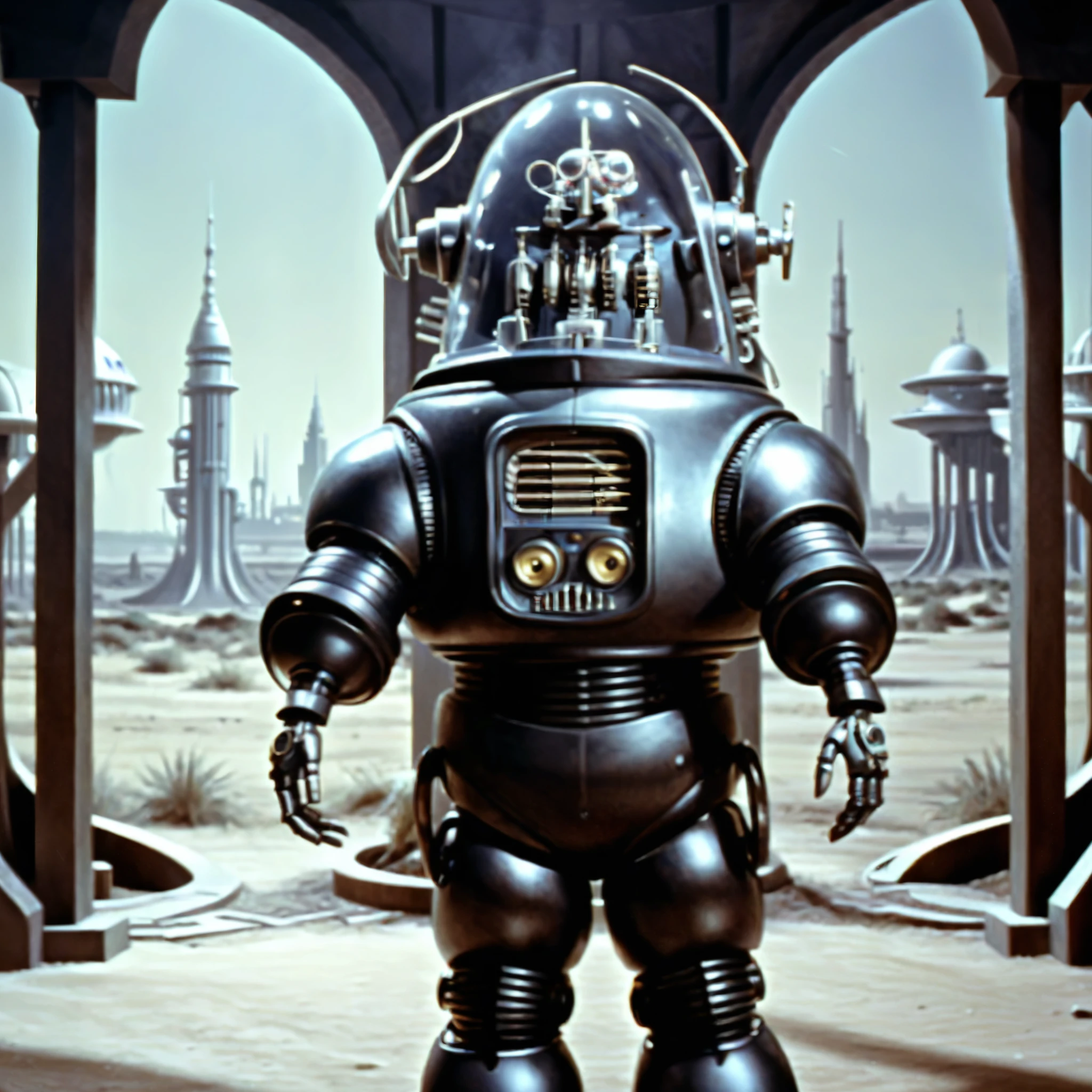 Robbie (The thief)_FP50 , 16k, movie photo, ((cinematic)),  full-body robot standing ,  science fiction , realistic, ( intricate details:1.1),  retro art style , fundo de cidade futurista de  science fiction , helmet, ( extremely detailed :1.3), Forbidden planet ,  metal spheres legs , Robbie (The thief)_FP50 