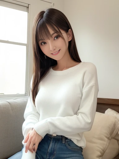 White sweater, denim, holding a kitten, sitting on the sofa, front view, living room, ((masterpiece)), ((best quality)), (ultra-detailed), ((beautiful eyes)), Japanese female, (slender), (small Breasts:1.5), ((30 years old)), (cheerful grin:1.3), beautiful,