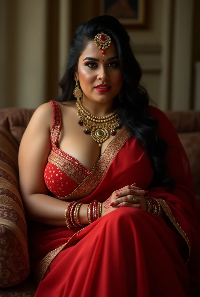 A full-body portrait of wolf cut hairstyle erotic hindu wife, sitting on chair, front facing, 4K, wide angle camera view, super realistic, huge breast, super big fake lips red lipstick super delicious body saree bra sexy body, full body