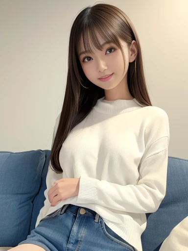 White sweater, denim, holding a kitten, sitting on the sofa, front view, living room, ((masterpiece)), ((best quality)), (ultra-detailed), ((beautiful eyes)), Japanese female, (slender), (small Breasts:1.5), ((30 years old)), (cheerful grin:1.3), beautiful,