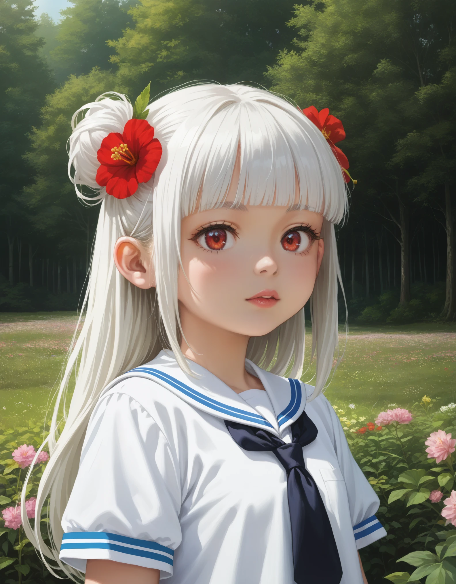 score_9, source_anime, anime_coloring, anime_screencap, rating_sfw, newest, masterpiece, amazing quality, best quality, detailed, absurdres, illustration, game_cg, intricate, an extremely delicate and beautiful, 1 girl, cute, perfect anatomy, red eyes, pettier, white hair, long hair, blunt bangs, white sailor collar, close-up, upper body, forest, flower, standing,