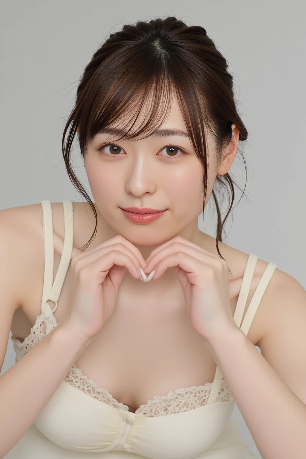 She is in a pose wearing a sexy camisole, making a firm big heart shape with both hands, and holding it in front of her chest, Close-up of a smiling face

