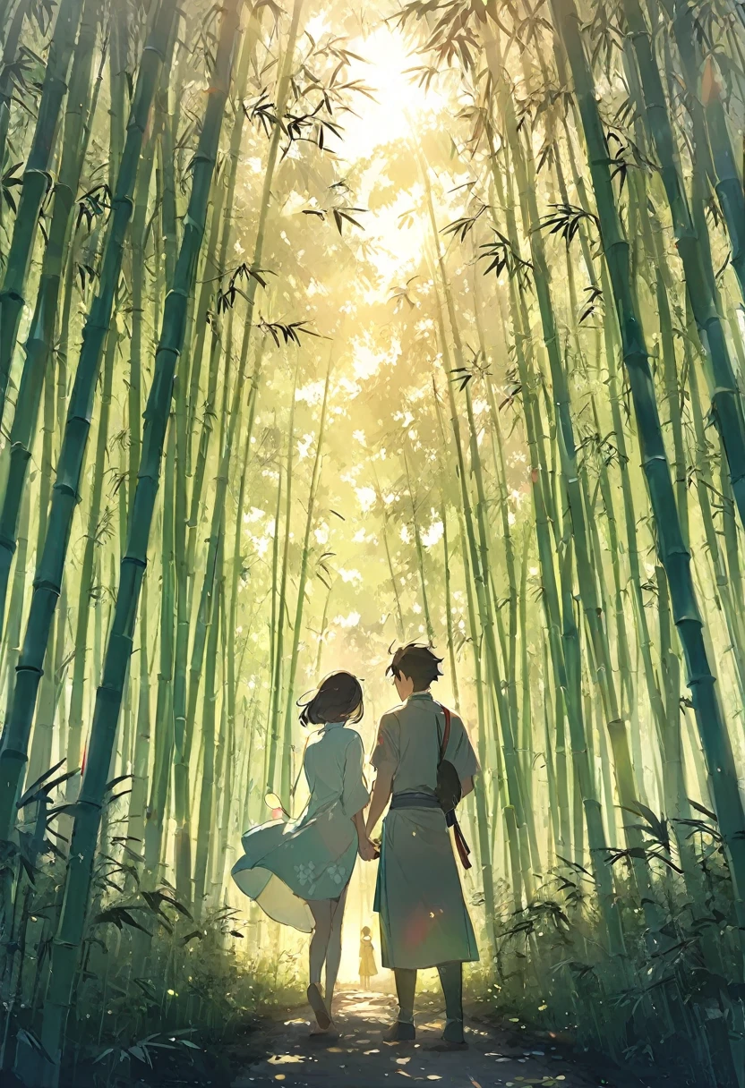 ((cartoon))，Pastel，Two people，A couple，Wear Chinese style， dark hair，Standing in the bamboo forest，Light through trees ，Sunny，Back