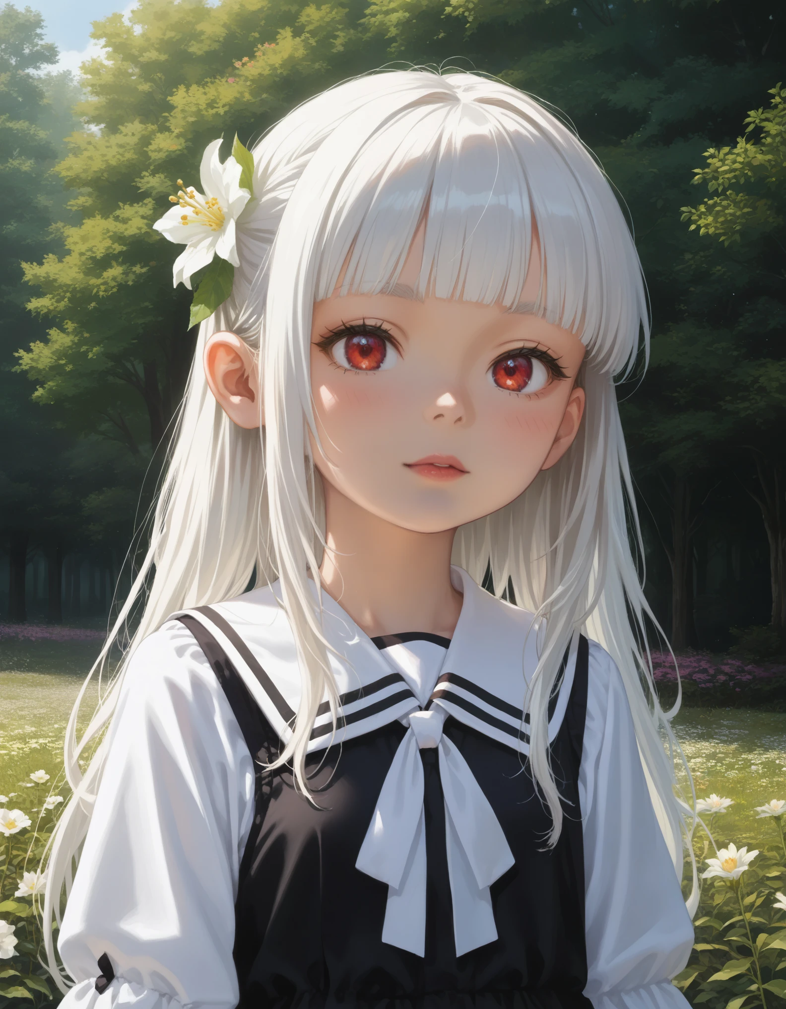 score_9, source_anime, anime_coloring, anime_screencap, rating_sfw, newest, masterpiece, amazing quality, best quality, detailed, absurdres, illustration, game_cg, intricate, an extremely delicate and beautiful, 1 girl, cute, perfect anatomy, red eyes, pettier, white hair, long hair, blunt bangs, white sailor collar, close-up, upper body, forest, flower, standing,