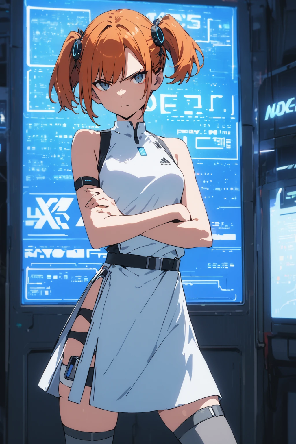 masterpiece,best quality,1girl,dscs-nokia,short hair,orange hair,short twintails,hair ornament,sideless dress,white dress with black decoration,gray thighhighs,thigh strap,standing,(crossed arms),legs apart,serious,wind,looking at viewer,cyberspace,blue neon lights,cowboy shot,((bare shoulder)),wearing white tight boots,((full body)),((full body)),((full body)),((full body)),