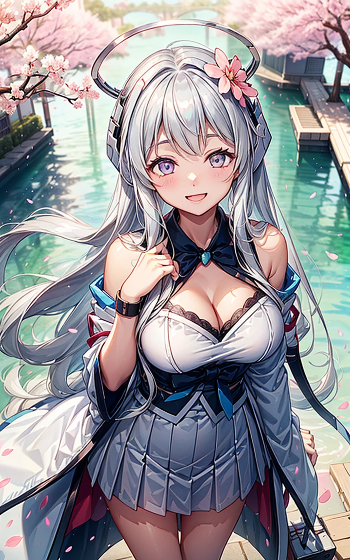 最 high quality 、 best image quality、masterpiece、girl((18 years old、 By becoming、Vest Bust、Medium bust size, Spacious Chest Tea 、 shiny eyes , Silver Hair、Long hair、thin,Highest peak、 White Clear Sailor Suit、White skirt、Wristband、 Smile、Lean forward)), high quality 、Beautiful Art、 background ((Fubuki Sakura、Falling Cherry Blossoms、Cherry Blossom Tree、 Beautiful Park 、square、Cherry Meadows 、wind))、flight、Fragments fly 、  Depth of Written Border 、Movie、Visual Arts、 perfect art 、8K,real、