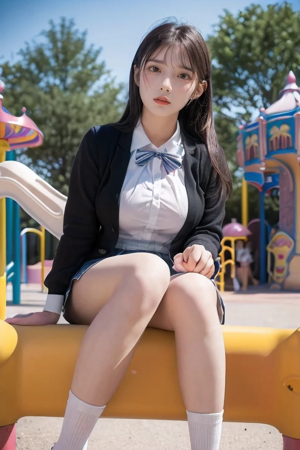 Very Smile,(Best Quality),(Masterpiece),(Super Detail),(Hi-Res),(8K Portrait),Production Art,Full Body,Park Bench,Sitting,Hands Tucked Between Crotch,Open Legs,Alone,Solo,Cute,Cityscape,Day,Blue Sky,(Wind:1.4),Delicate Face,Small Head,Brown Eyes,Short Sleeve Uniform,Silver-Blue Striped Tie,Blue Tartan Skirt, black tote bag, smile, happiness,