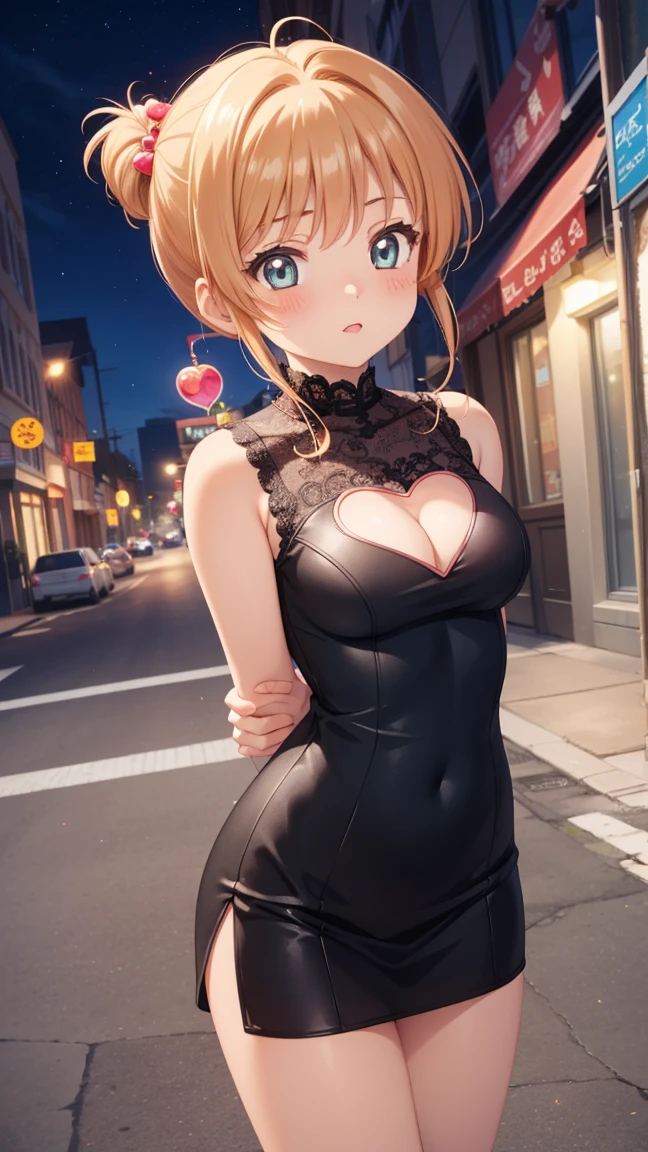 masterpiece, best quality, highres, 1girl, detailed face, blush, anime CG style, (medium breasts), (18 year old girl:1.3), (aged up), good lighting, perfect body, sakura kinomoto, glossy lips, heart cutout, cleavage cutout, clothing cutout, arms behind back, night, city, prom dress, lace