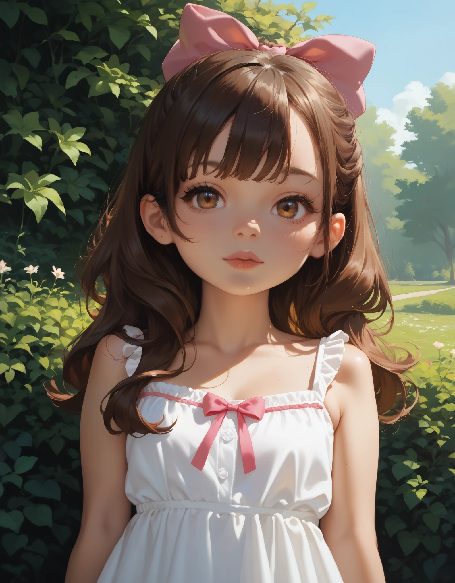 score_9, score_8_up, score_7_up, 1girl, solo, brown hair, long hair, brown eyes, bow, hair bow, looking at viewer, upper body, standing, pink bow, sundress,