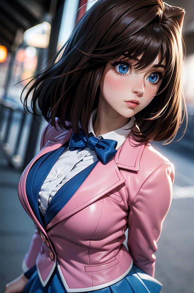 1 female,  high definition,  High resolution, ultra-realistic, 8k, aamazaki, (antenna hair: 1.2), blue bow tie, blue eyes, pink jacket, blazer,  long sleeves , blue skirt, tight skirt, mini-skirt, European, sexy, Dynamic angles, professor particular, blush,  neckline,