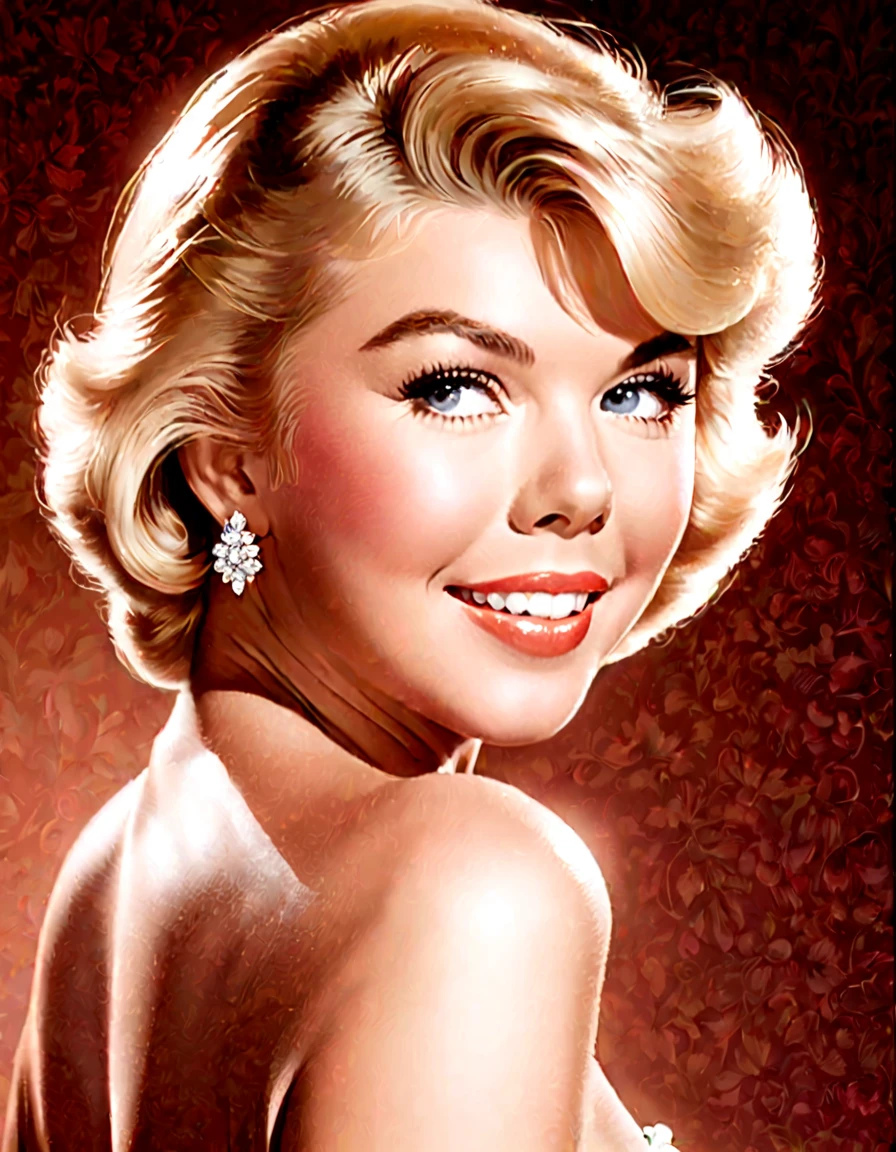 Create portraits of Doris Day that exude timeless elegance and vintage appeal. Soft, Attractive lighting. Highlight her appearance with a sophisticated touch ,  probably inspired by the Golden Age of Hollywood .  Super Real Photos,  bright color, 16k