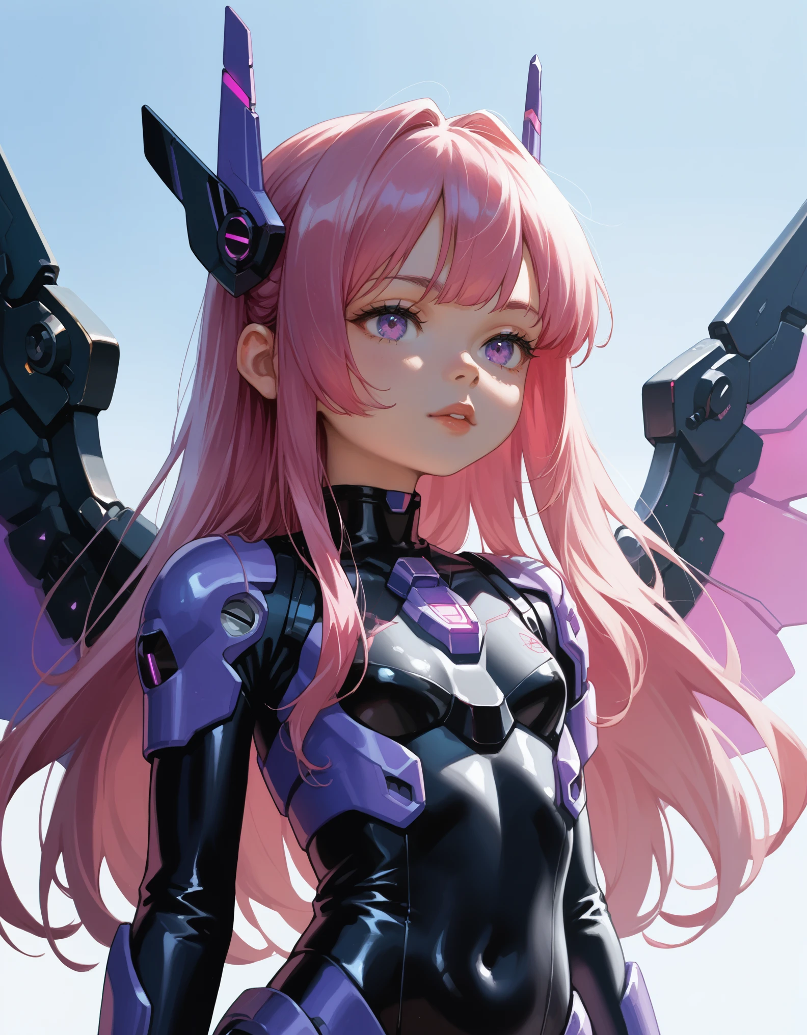 source_anime, wings, score_9,score_8_up,score_7_up, newest, 1girl, arms at sides, long hair, shade, iridescent hair, simple background, detailed, Neon Pink theme, purple light, mecha musume, mech girl, technical, bodysuit, upper body, 2d, highly detailed, mechanical detail, impressionistic, ((watercolor)) body tattoo, sketch, markings, (((highly detailed))) (((incredibly detailed))) (((fine details))) (((superb details))) mechanical undulations, blurry, depth of field, cinematic