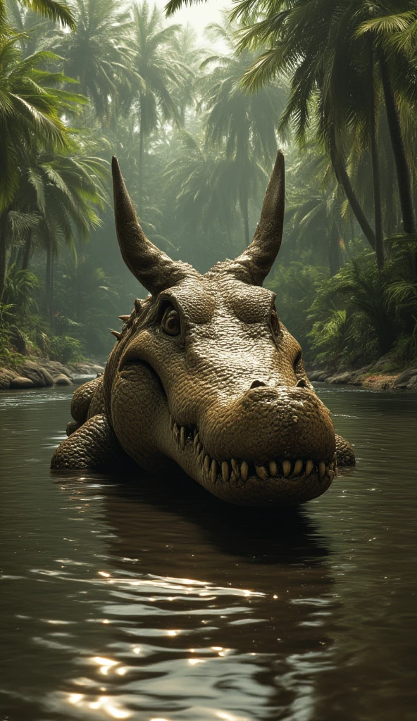 Horned crocodile seen swimming on the river bank, realistic, detailed