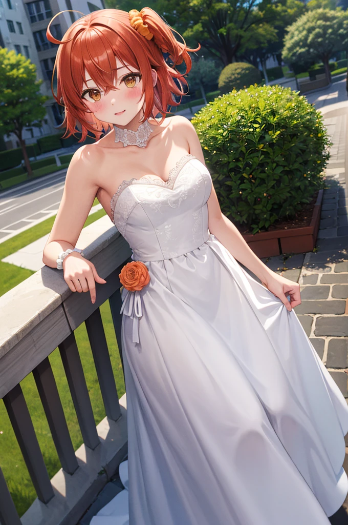 masterpiece, best quality, highres, aaritsuka, short hair, ahoge, hair scrunchie, orange scrunchie, blush, city, garden, wedding dress, breasts