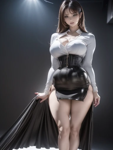 1 flight attendant, 独奏, , White high heels, White transparent skinny shirt, white mini-skirt, tmasterpiece, Best quality at best, realisticlying, ultra - detailed, (shiny skins, perspired:1.4), absurderes, looking at viewert, with short black hair, with brown eye,Slender,Dynamic light and shadow,A high resolution,Sharp focus,depth of fields,The eyes are delicate,Sharp pupils,pupil realistic,(Rounded chest),(Long legs:1.4),Planes，black pantyhoses，cleanness，stocklings，blackstockings，cropped shoulders，Toes，（gigantic cleavage breasts：1.2）,（breasts parted：1.9）（Soft breasts：1.5）Translucent clothes，Breast weakness，Deliver ultra-realistic 8K CG to viewers，Flawless face，flawless perfection，full bodyesbian，huge tit，Huge breasts，A sagging breast，long leges，Slim，being thin，Lower chest position，Swollen breasts，crisp breasts，Breasts during lactation，Lactation，Tender white skin，squeezing breasts，A sagging breast，black reotard，exposing your navel，handcuff，There is a white liquid flowing out between the legs，Pee your pants，There is white fluid between the legs