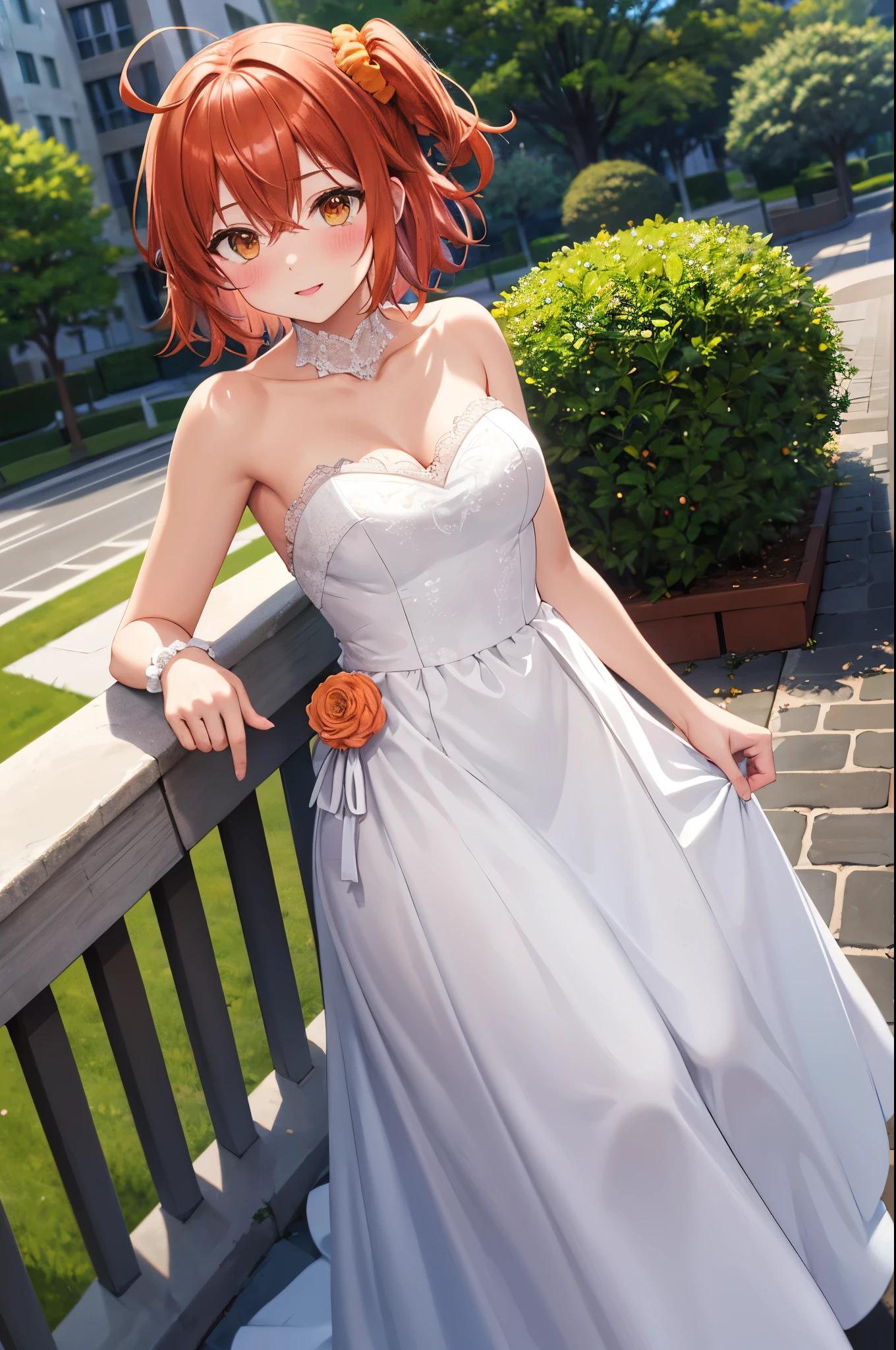 masterpiece, best quality, highres, aaritsuka, short hair, ahoge, hair scrunchie, orange scrunchie, blush, city, garden, wedding dress, breasts