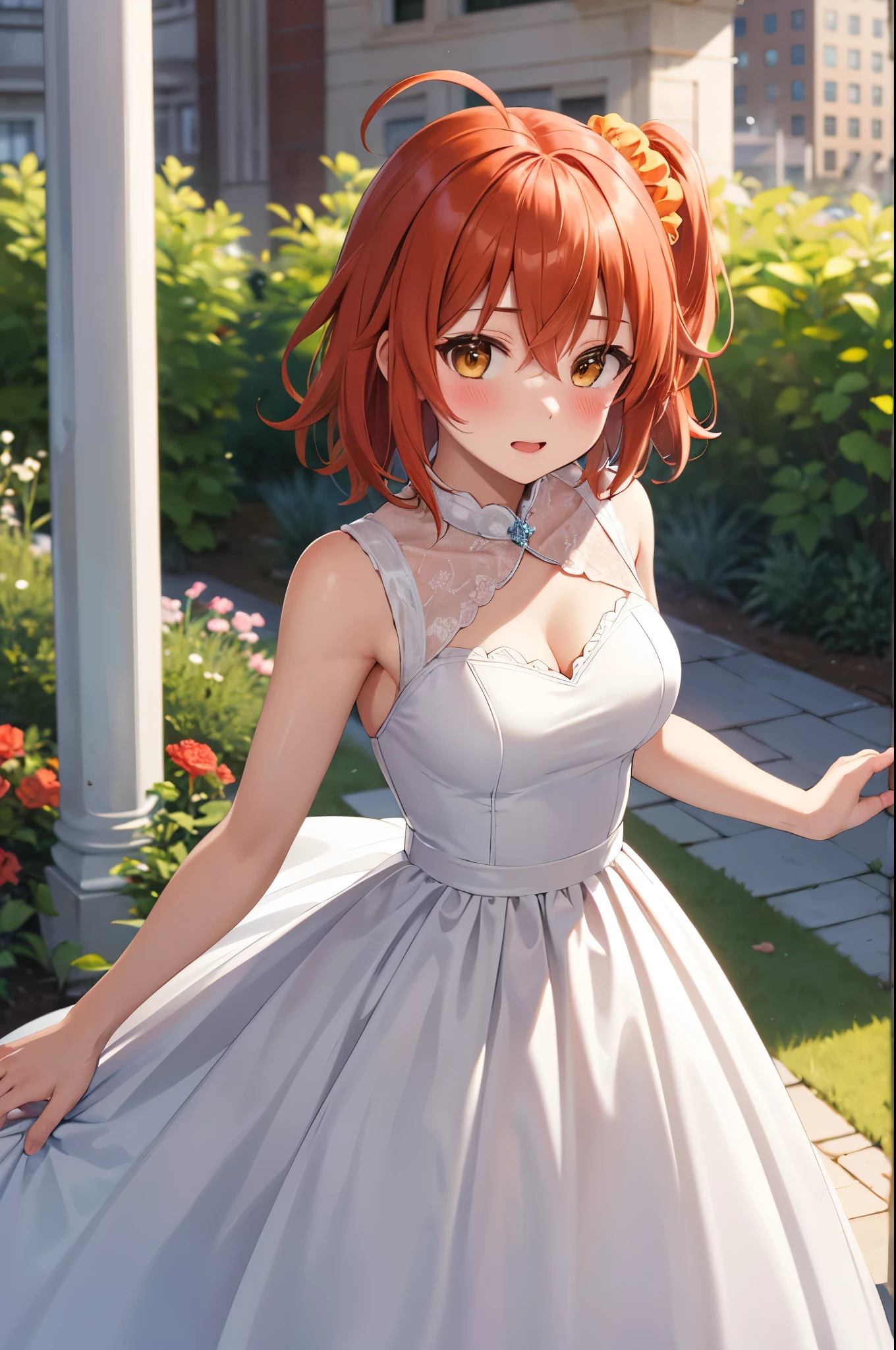 masterpiece, best quality, highres, aaritsuka, short hair, ahoge, hair scrunchie, orange scrunchie, blush, city, garden, wedding dress, breasts