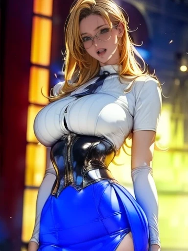 1womanl,Golden head hair,12year old ,((Impatient expression)),Beautiful breasts,(((Sexy magical girl white and blue bodysuit and miniskirt)))(())(((Blushing cheeks、Surprised look)),(((Braids))),((( portlate)))Frameless glasses,Blue eyes,(((Bangs are aligned)))()Street,Crowds(magical girl hair ornament)