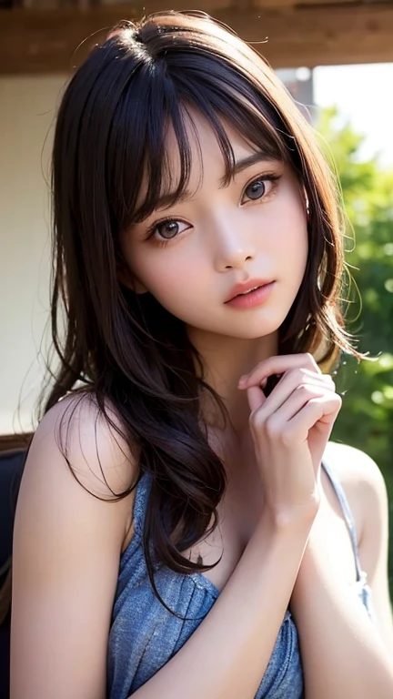 (Best Quality、8k、32K、masterpiece)、(RAW photo)、(Realisticな)、( Kampala)、 very detailedな、 very pretty face and eyes、 one girl playing pranks、Round and small face、Delicate body、(close、Best Quality、 rich skin texture 、Best Quality、8k)、 very detailed、(Realistic、Realistic:1.37)、 bright color, (Random hair, color:1.2),  Natural Skin Textures 、,Pores、、 must be detailed enough to be easily identified。 The skin needs to look uniform and healthy 。 Use natural light and color, Sad expression,  look at the camera,  Perfect Dynamic Composition , Outdoor