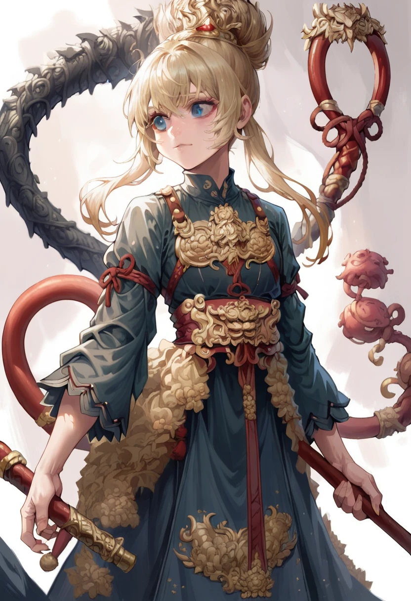 wukong girl, sexy clothes, light blonde hair, twin tail, Golden Headband, the magical staff, Ruyi Jingu Bang, holding ruyi jingu bang 