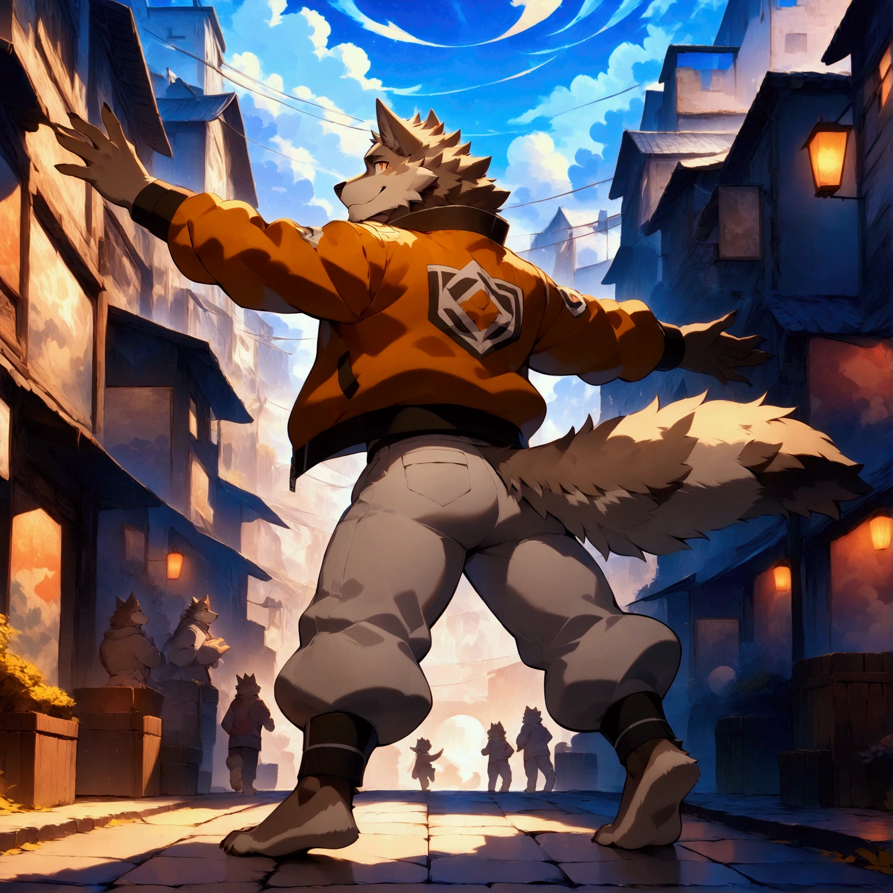 character focus, full body, looking away, back view, back focus, dynamic angle, street dancer, plump middle-aged wolf man, happy, little smile, street fashion, jacket, pants, street dance, dancing, dynamic pose, standing, full body in Michelangelo Buonarroti style, digital illustration anime, housamo style, detailed painting landscape, afternoon, city scape, street, outdoor, full color, HDR, BREAK complete anatomy, perfect proportions, beautiful thigh gap, fluffy body, intricate fur details, beautiful fur texture, BREAK detailed wolf tail, detailed toe, 5toes, 5toes nails, beautiful foot, detailed hands, 5fingers, 5fingers nails, BREAK aesthetic anime face, insanity detailed face, male face, big face, square jawline, aesthetic anime eyes, detailed brown eyes, detailed brown cornea, detailed dark brown irises, detailed pupils, male eyes, big eyes, male eyebrows, innocent look, beautiful beard, BREAK masterpiece, official art, best quality, very aesthetic, absurdres, super fine illustration, great quality, BREAK noise reduction, very highres, large filesize, high quality, 32K, 8k wallpaper, dynamic lighting, BREAK insanity detailed, ultra detailed, intricate details, extremely detailed, detailed texture, an extremely delicate and beautiful, BREAK e621 illustration, osukemo, kemohomo, anthropomorphic, furry, cartoon, harmonious body, pastoral face, virtuous eyes, street atmosphere