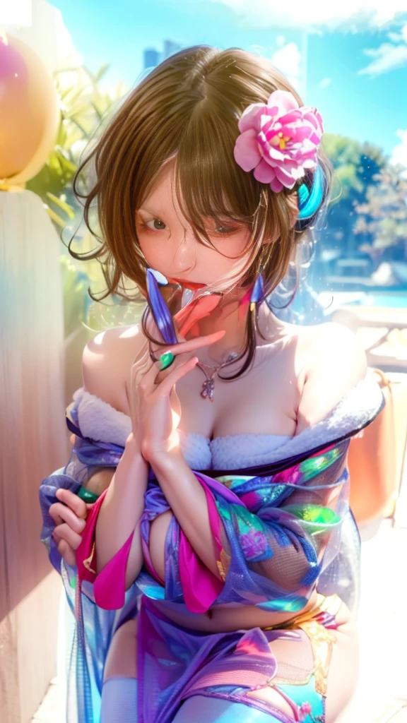 1，(((1 girl, bishoujo，Squeeze chest，beautiful girl,  ((curls: 1.2)+(Fine hair:1.2)), Off-shoulder，cleavage cutout，Shocked，kiss, open cloths，(((sexy:1.2)))，(((Strapless:1.2)))，Vibrant colors，Neon style，Strapless bra，Exposed breasts，Pure and sexy，(Tights:1.2)，(See-through clothing:1.2))))，glamor，dynamic pose，curvy, number,  VERY DETAILED , Finely,  perfect dynamic composition , Clear and normal facial features， Fascinating Posture，(Sexy body:1.1)，masterpiece, best quality, high resolution, 8k, HDR, raytracing, detailed shadows, (hyperdetailed:1.0)，1