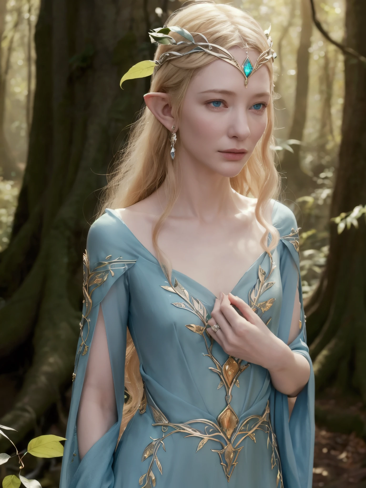  a young Cate Blanchett, elegant fantasy elf princess, flowing blonde hair, piercing blue eyes, delicate facial features, ornate elven headdress and jewelry, graceful pose,full body slim, vine and leaf dress,living ents forest background with many ents, magical atmosphere, warm lighting, muted color palette, cinematic, detailed, highly realistic, 8k, photorealistic, flat chest,