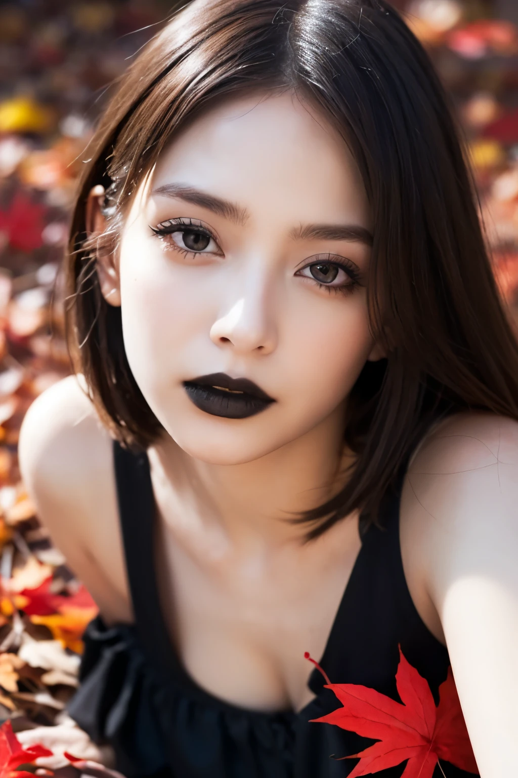  1 girl, ( She's wearing a gothic black dress :1.2), ( gothic makeup ),  A very beautiful portrait of a Japanese singer , (RAW Photo Best Quality), (Realistic, Realistic:1.4), (masterpiece), 
 very detailed, 2k wallpaper, wonderful, finely,  very detailed,  CG Unity 8k Wallpaper ,  very detailed,  Kampala, Soft light, 
 A beautiful girl carefully drawn in every detail ,  very detailedな目と顔, A beautiful and elegant nose,  beautiful beautiful eyes,  movie lighting , 
(She is lying on a spread of red, fallen maple leaves:1.3), (Maple leaves are scattered on top of her), ( A vivid screen with intense contrasts ),
( medium hair), (Disheveled hair spreading on the ground :1.2), 
 perfect anatomy, Slender body,  small breasts, Thin legs