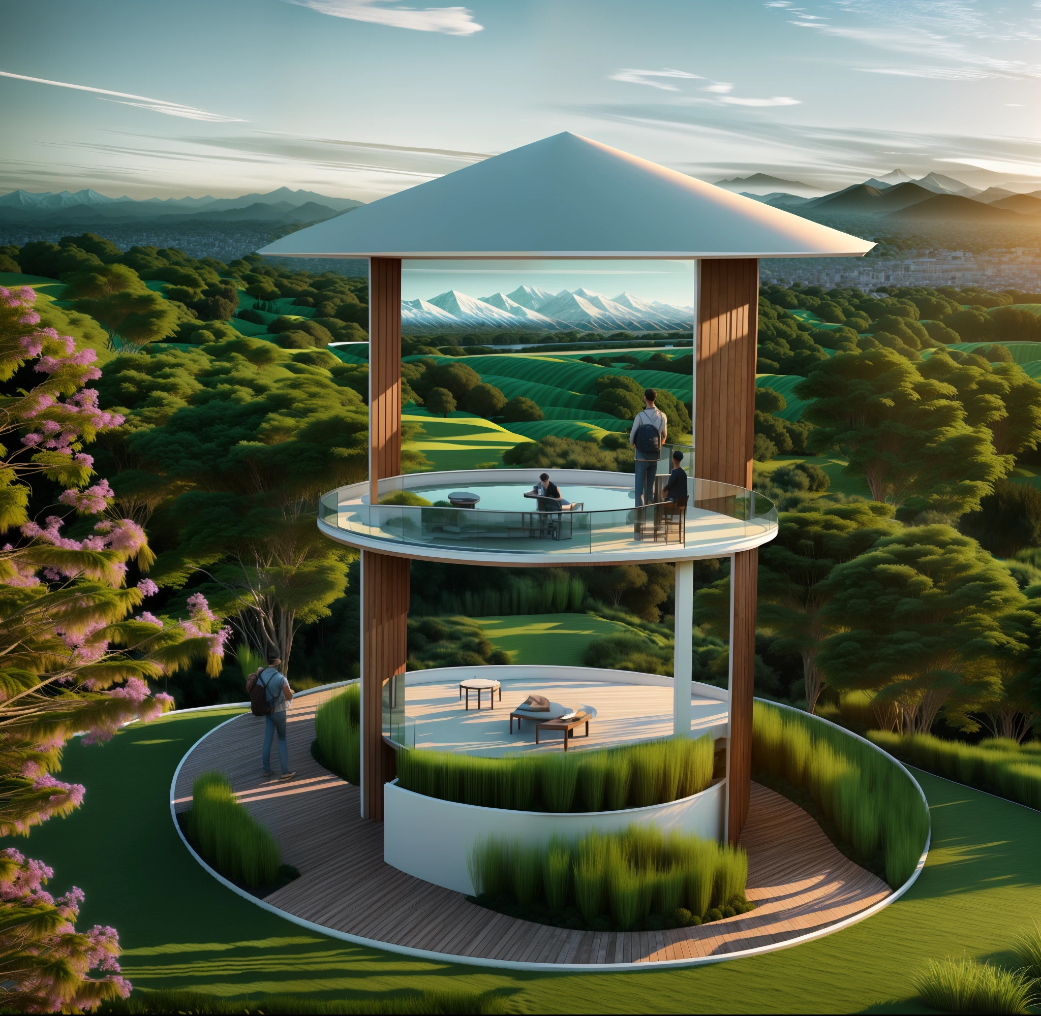 View tower , situated on lawn. people looking at far mountains, realistic, architectural render with blue sky, realistic