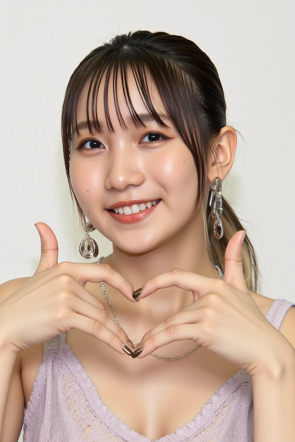 She is in a pose wearing a sexy camisole, making a firm big heart shape with both hands, and holding it in front of her chest, Cute smile up

