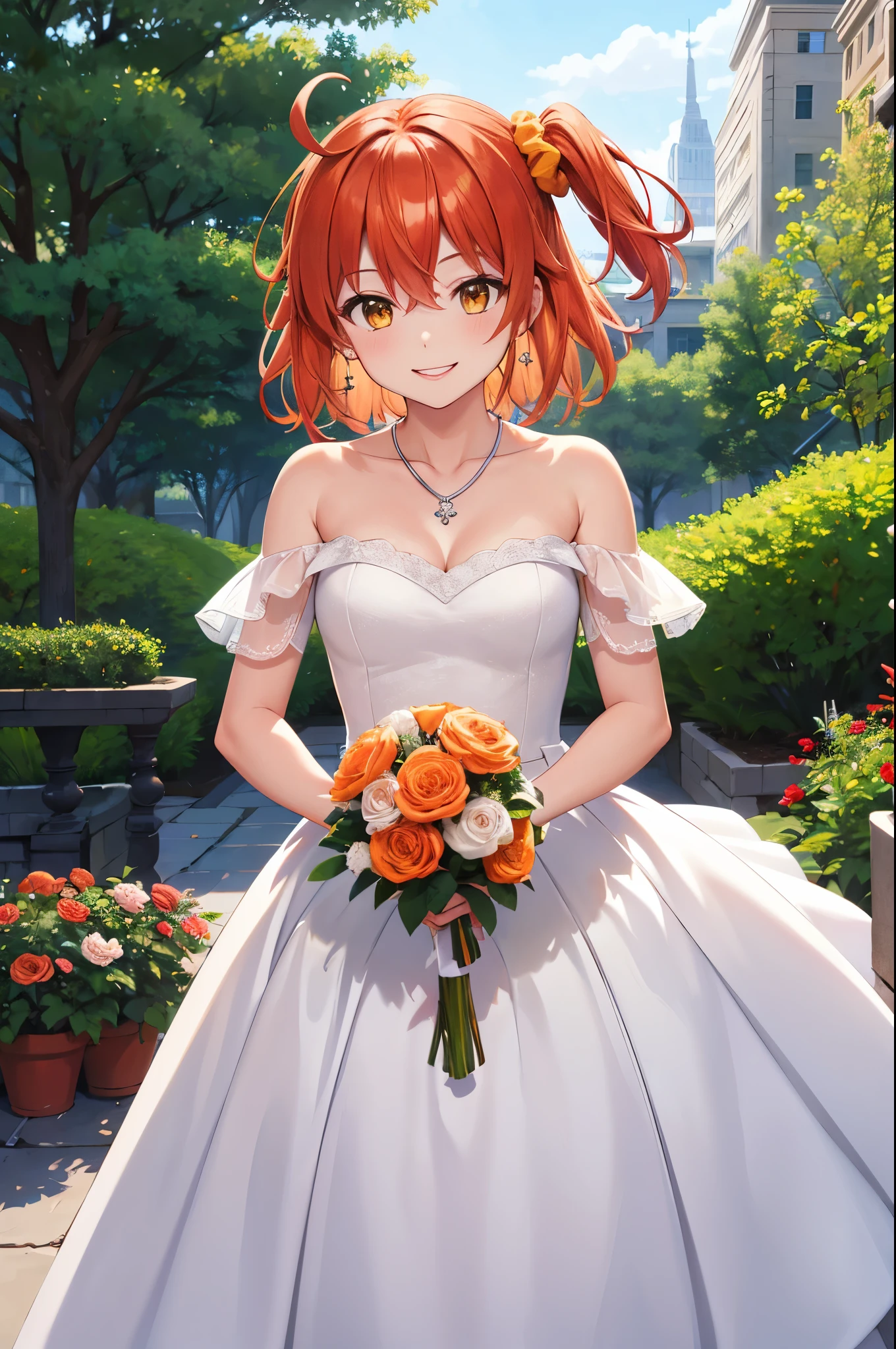 masterpiece, best quality, highres, aaritsuka, short hair, ahoge, hair scrunchie, orange scrunchie, smile, city, garden, wedding dress, off the shoulder, collarbone, necklace, jewelry