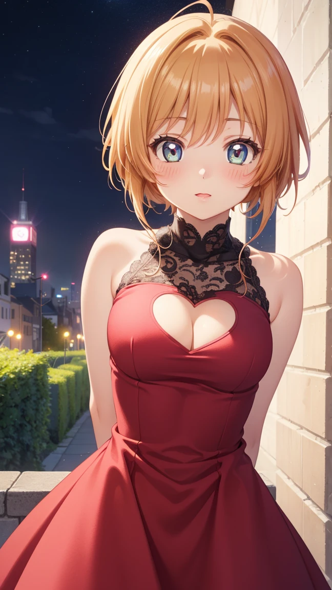 masterpiece, best quality, highres, 1girl, detailed face, blush, anime CG style, (medium breasts), (18 year old girl:1.3), (aged up), good lighting, perfect body, sakura kinomoto, glossy lips, heart cutout, cleavage cutout, clothing cutout, arms behind back, night, city, prom dress, lace, leaning forward