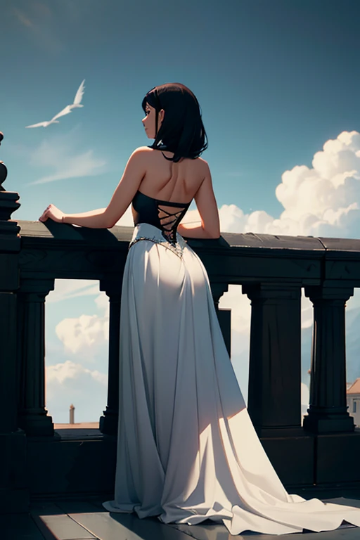 Full body long-shot of a woman with black hair. The woman’s back is turned, obscuring her face from view. The woman is wearing a white dress with a black corset, leaning over a balcony, viewing a sky of endless clouds, highly detailed, extremely intricate, photorealistic, 8k, cinematic lighting, dramatic mood, ethereal, mystical, beautiful, elegant